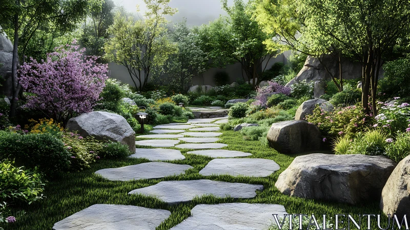 Sunlit stone path gently wanders through a tranquil garden
