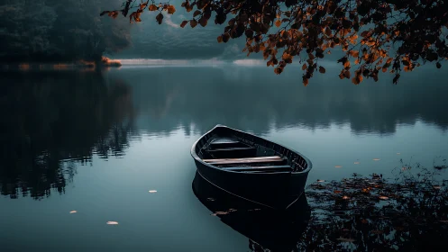 Solitary midnight rowboat cradled by ember-tipped leaves.