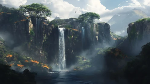 Waterfall cascades between steep cliffs into misty river