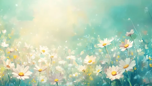 Daisy Dreams Dance Through Turquoise Haze.