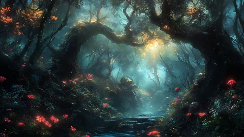 Luminescent Forest Pathway Through Ancient Gnarled Trees.