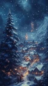 Snowlit mountain village wrapped in golden winter light.