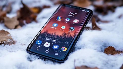 Smartphone displayed in winter snow setting.