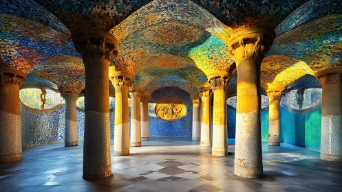 Sunlit mosaic hall glowing with playful color and warmth.