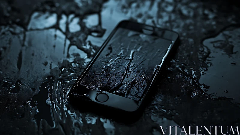 Wet smartphone lies on reflective surface with directional rim lighting