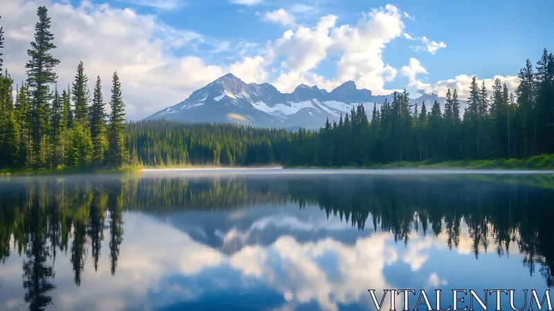 Serene alpine lake mirroring snowcapped mountains at dawn.