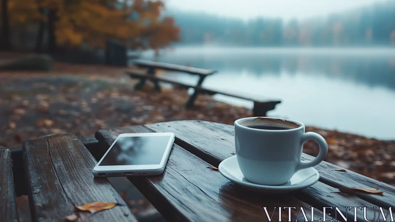 Coffee steams beside smartphone on misty lakeside table.
