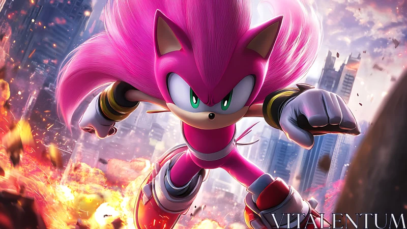 Pink hedgehog hero charges through blazing city ruins.