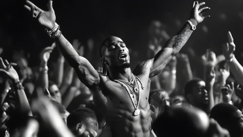 Monochrome torso-lit performer in ecstatic crowd convergence.