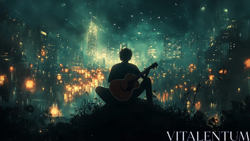 Night city serenade with a lone dreamer and warm lights.