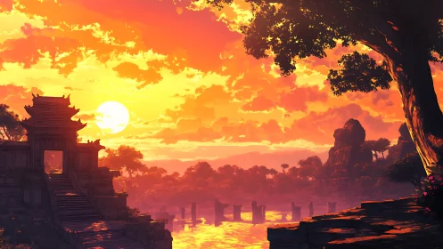 Sunlit temple terrace overlooks glowing river at sunset