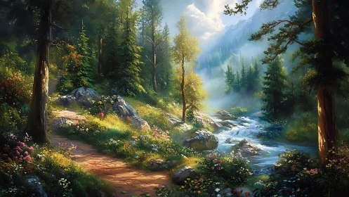 Forest valley landscape with river, mountains, and sunlit woodland scenery