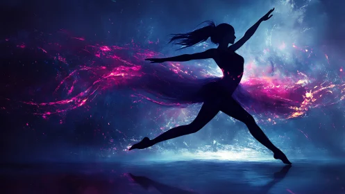 Silhouette ballerina leaping with vivid cosmic energy
