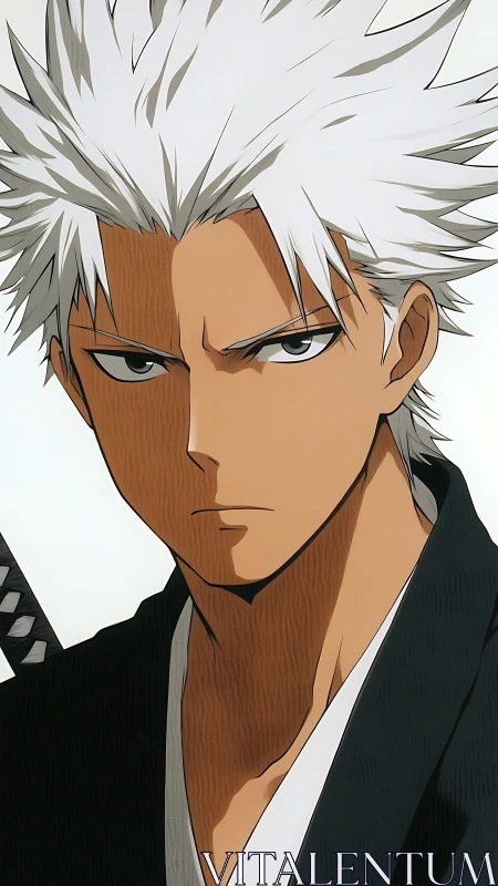 White-haired anime swordsman stares ahead with icy resolve