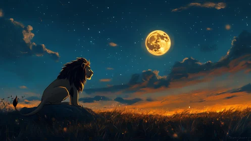 Lone lion watches full moon above glowing savannah horizon