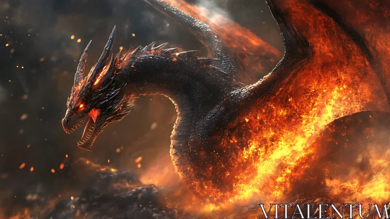Dragon rendered in high-detail 3D above dense volcanic fire