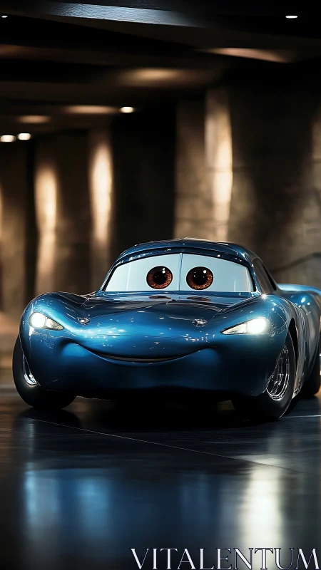 Smiling blue cartoon car under moody showroom lighting.