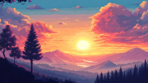 Pixel art sun descends over misty mountains and pine forests