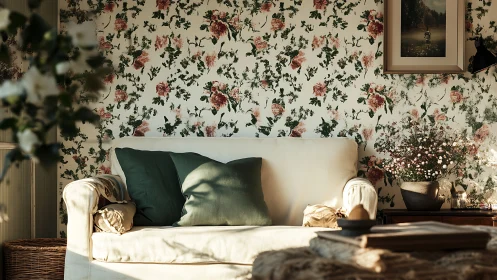 Floral wallpaper behind cream sofa in sunlit living room.