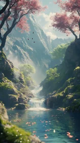 Whispering valley pool beneath cherry crowned cliffs.