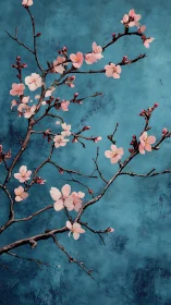 Cherry Blossoms Against Teal Textured Wall.