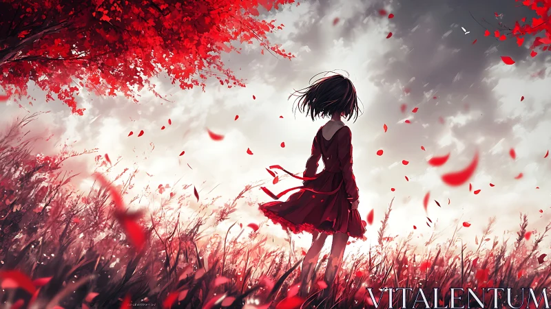 Girl in red dress standing in windswept red field at dusk.