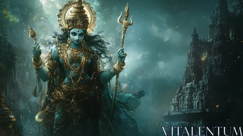 Hindu goddess figure in ornate temple fantasy setting.