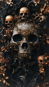 Gilded skull garden entwined with swirling dark florals.