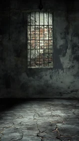 Decayed prison cell interior with barred window and cracked floor.