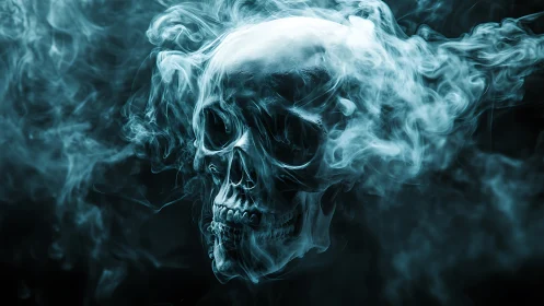 Luminous skull emerges through swirling cyan smoke.