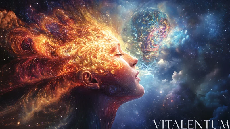 Starlit dreamer gently releases swirling cosmic thoughts