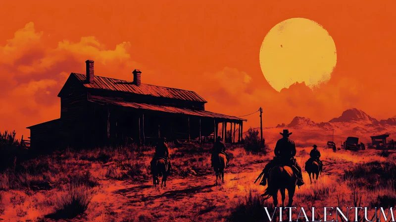 Cinematic western riders at dusk near derelict ranch house