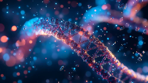 Shimmering DNA strands glow with colorful sparkling light