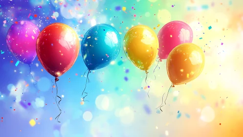 Iridescent 3D Balloons with Confetti Against Gradient Sky