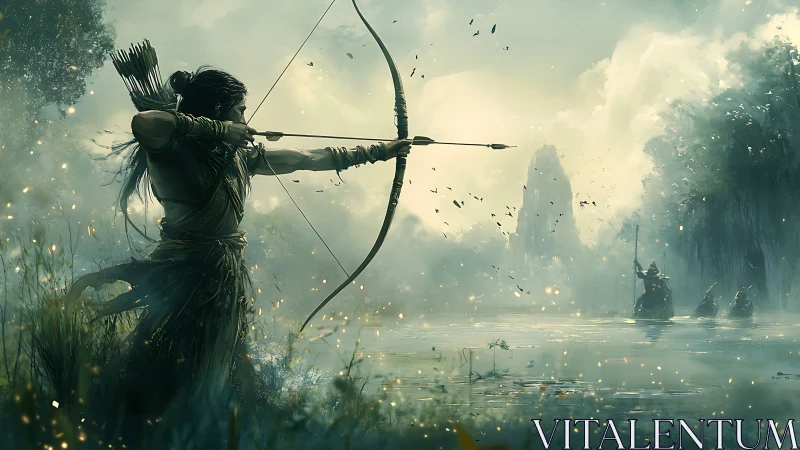 Archer aims across misty river toward distant warriors.