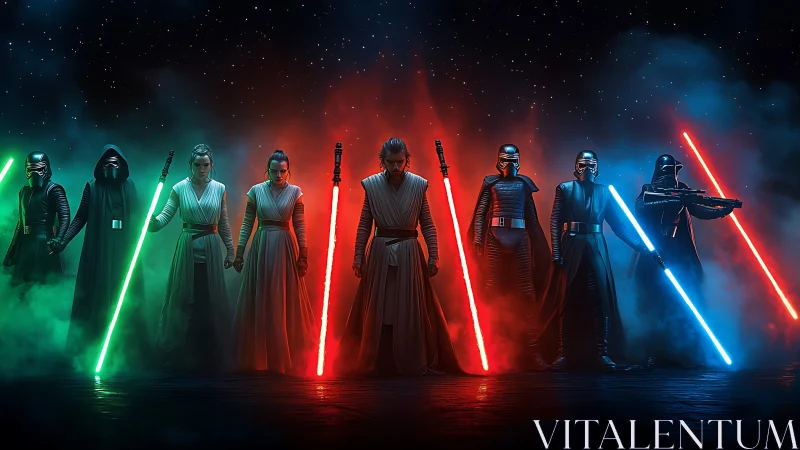 Group of armored figures stand with glowing energy swords