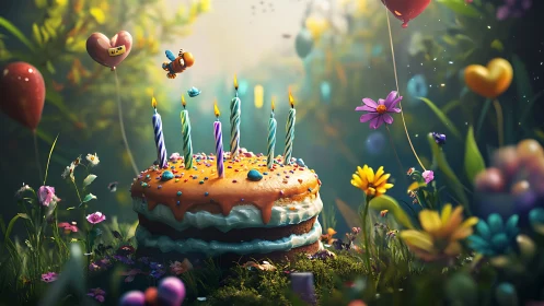 Enchanted Birthday Cake Surrounded by Floating Hearts and Blooming Flowers