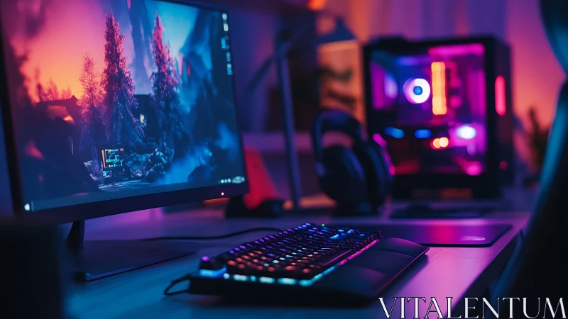 Neon dusk spills across a focused gamer’s dual-screen lair
