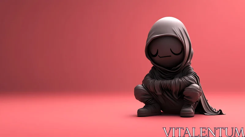 Hooded cartoon figure crouches alone on smooth pink floor