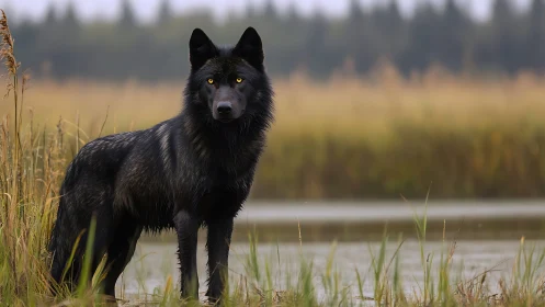 Black wolf standing in marshland near shallow water edge.
