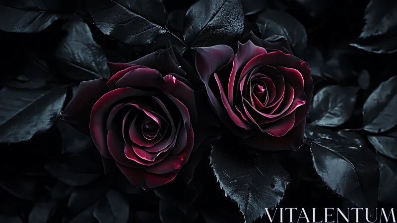 Deep Crimson Roses Bloom Against Dramatic Black Foliage