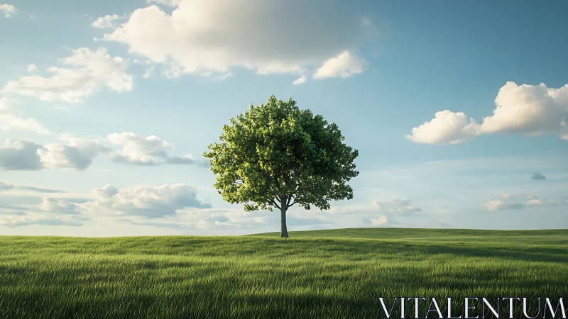 Lone Tree in Sunlit Field, Photorealistic Landscape Style.