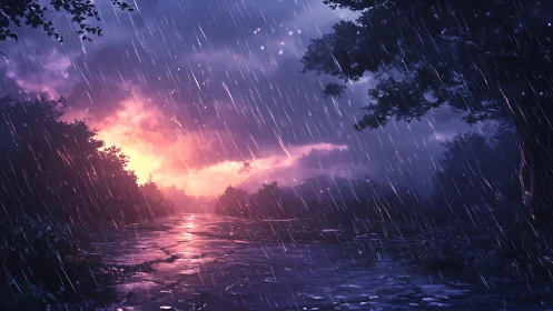 Storm-lit river of violet rain under a burning horizon.