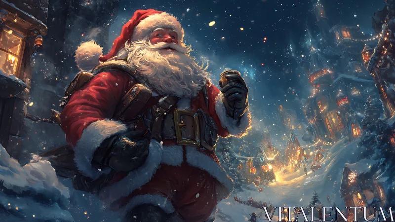 Santa strides through a glowing winter wonderland village.