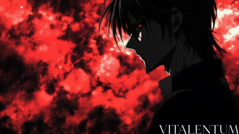 Brooding anime antihero gazes ahead in a crimson storm