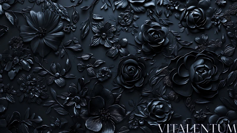 Embossed Black Floral Sculptural Surface with Dimensional Relief.