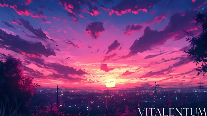 Neo-urban skyline under magenta sunset with layered cloud field