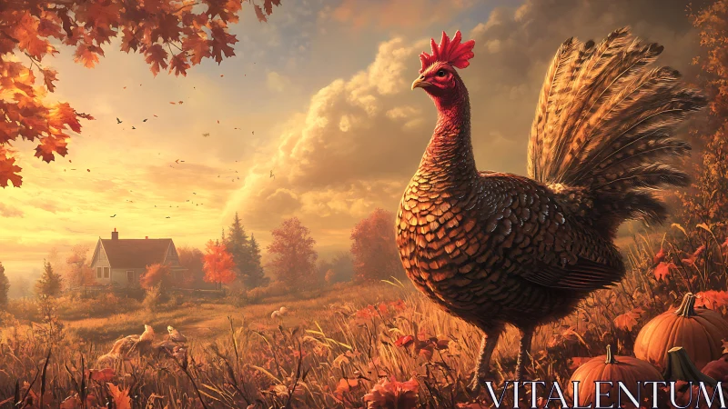 Rooster in Golden Autumn Landscape with Farmhouse and Harvest Elements