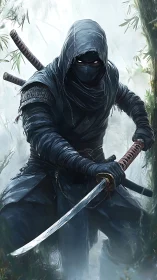 Hooded ninja warrior poised with katana in misty bamboo grove.