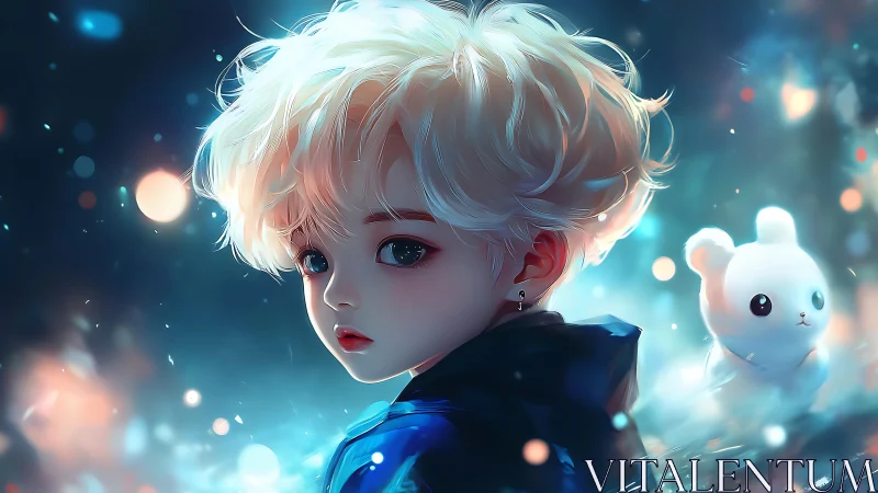 Luminous anime child portrait with volumetric bokeh field.